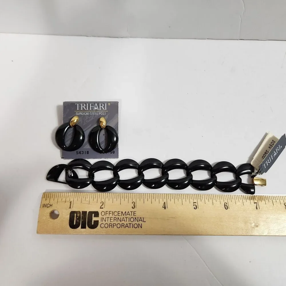 Vintage TRIFARI Black Link Bracelet and Pierced Earring Set - Sweet & Simple